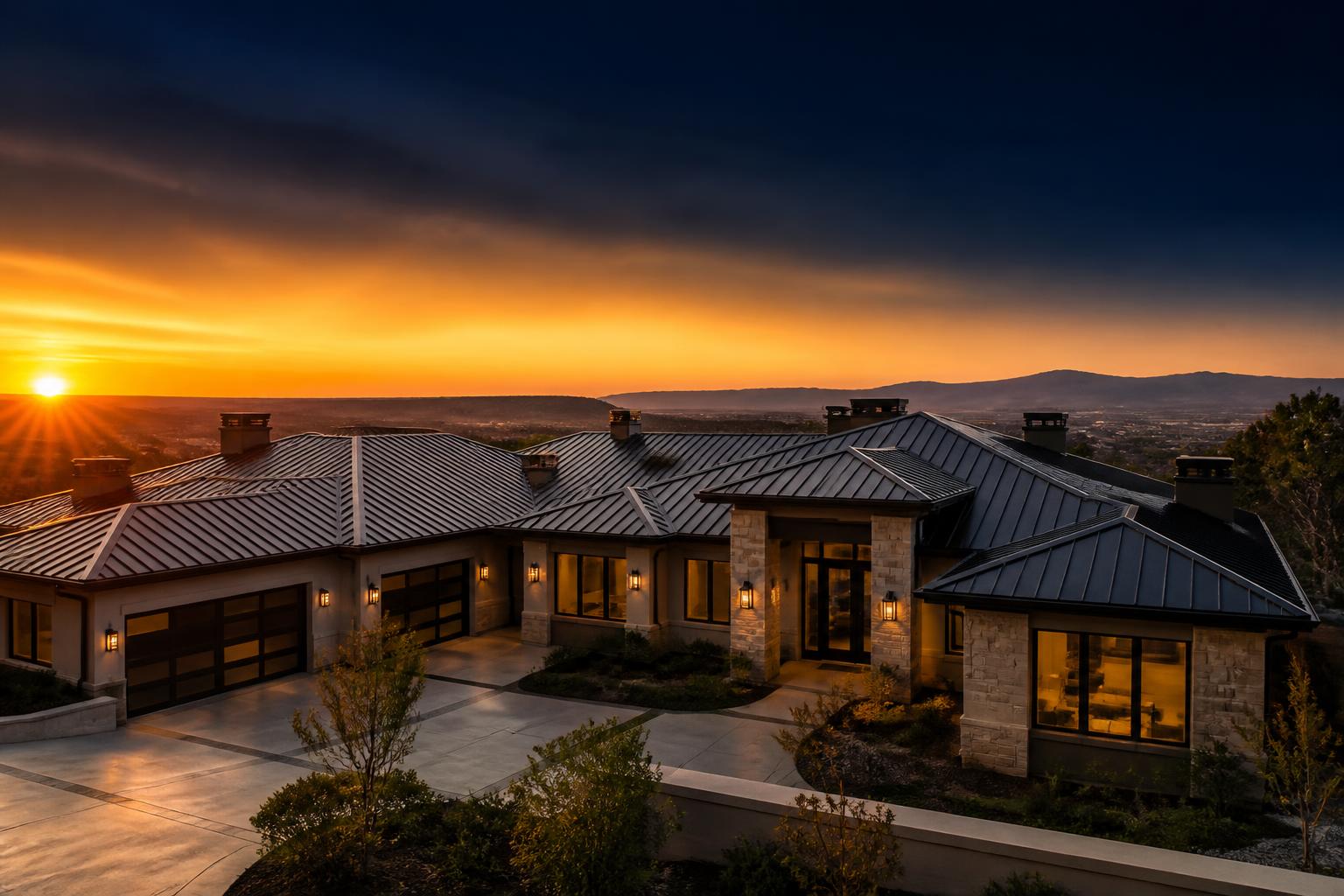 Luxury mansion with standing seam metal roof at golden hour